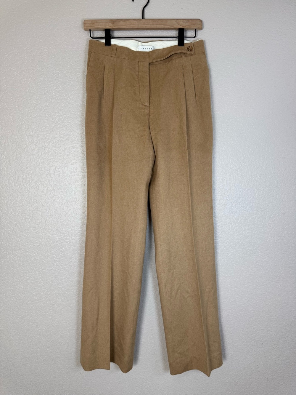 Celine Vintage Y2K 2000s Baby Camel Hair Wool Wide Leg Tan Trousers size 40 US 8